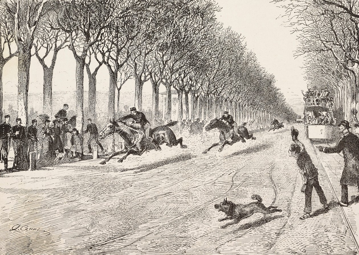 Three resistance officers participating in horse race, Third Savoy regiment, between Milan and Monza, Italy, engraving from drawing by Quinto Cena, from L