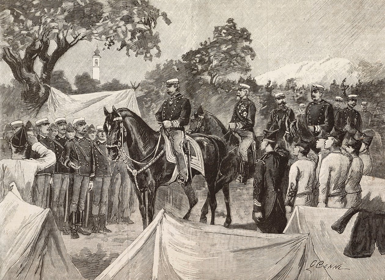 Umberto I, King of Italy, with some officers, visiting military camps by Quinto Cenni