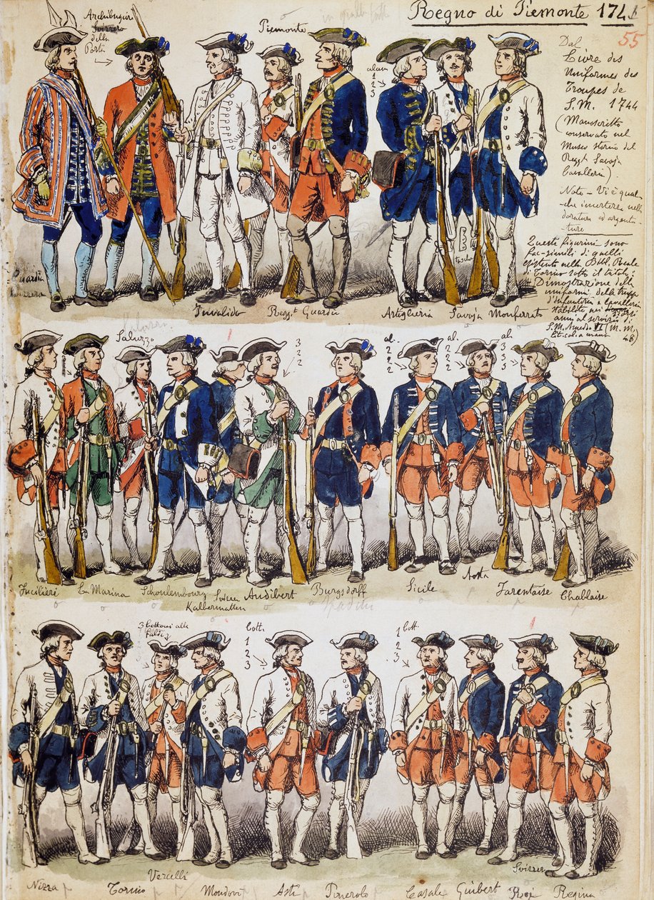 Uniforms of troops of Kingdom of Piedmont in 1744, plate taken from Cenni Codex, collection of military sketches drawn by Quinto Cenni by Quinto Cenni