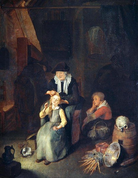 Cottage Interior with woman combing a girl