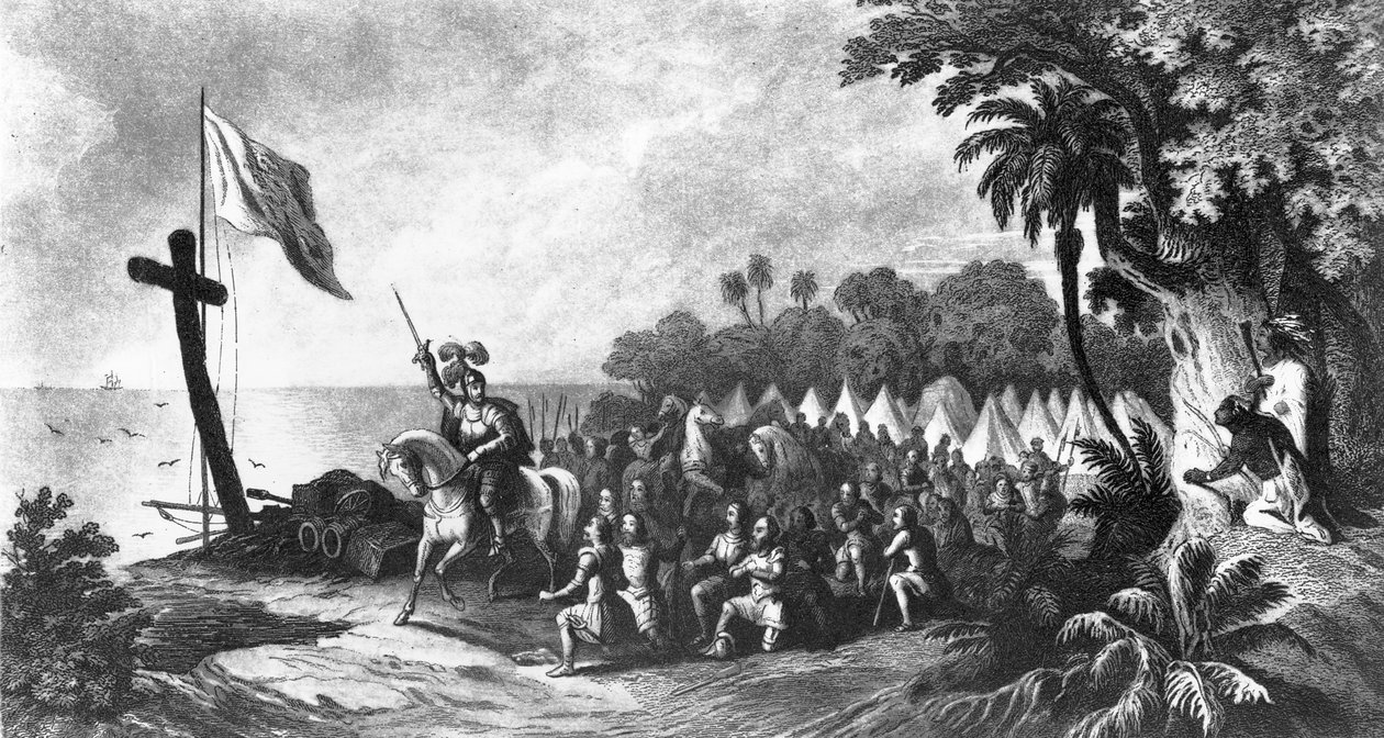 The Landing at Tampa Bay: De Soto and His Followers Swearing to Conquer or Die, Engraved by John Sartain by R. Telfer