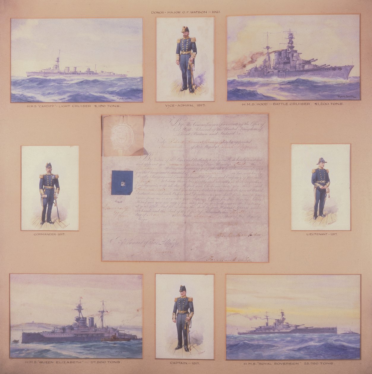 H.M.S. Cardiff, H.M.S. Hood, H.M.S. Queen Elizabeth, H.M.S. Royal Sovereign and Officers in Naval Uniforms by R. and Smith Simkin
