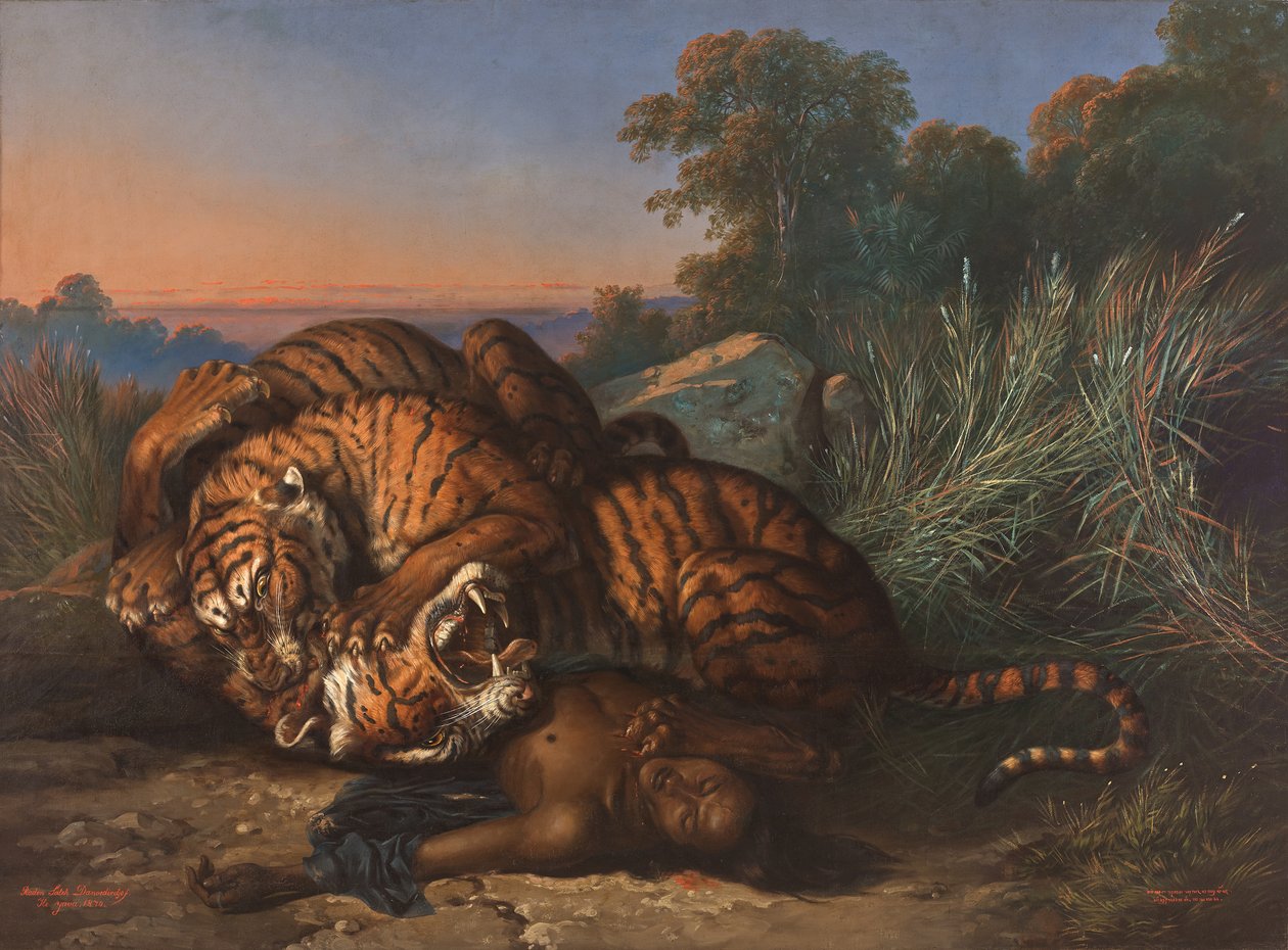 Fighting Tigers over the Corpse of a Javanese by Raden Ben Jaggia Saleh Syarif Bustaman