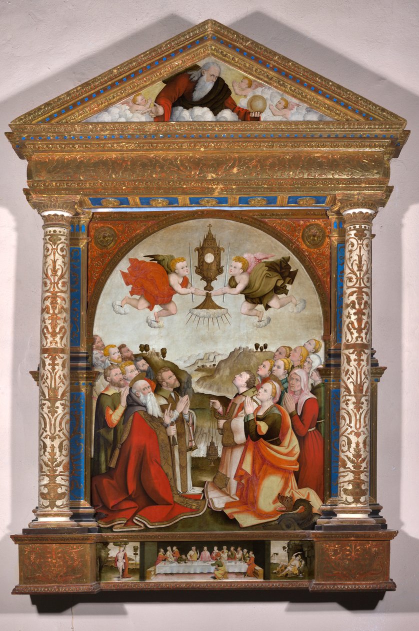 Altarpiece of the Adoration of the Blessed Sacrament, in the Predella: The Last Supper, Saint Sebastian and Saint Roch by Raffaele De (fl.1514 1573) Pancalino