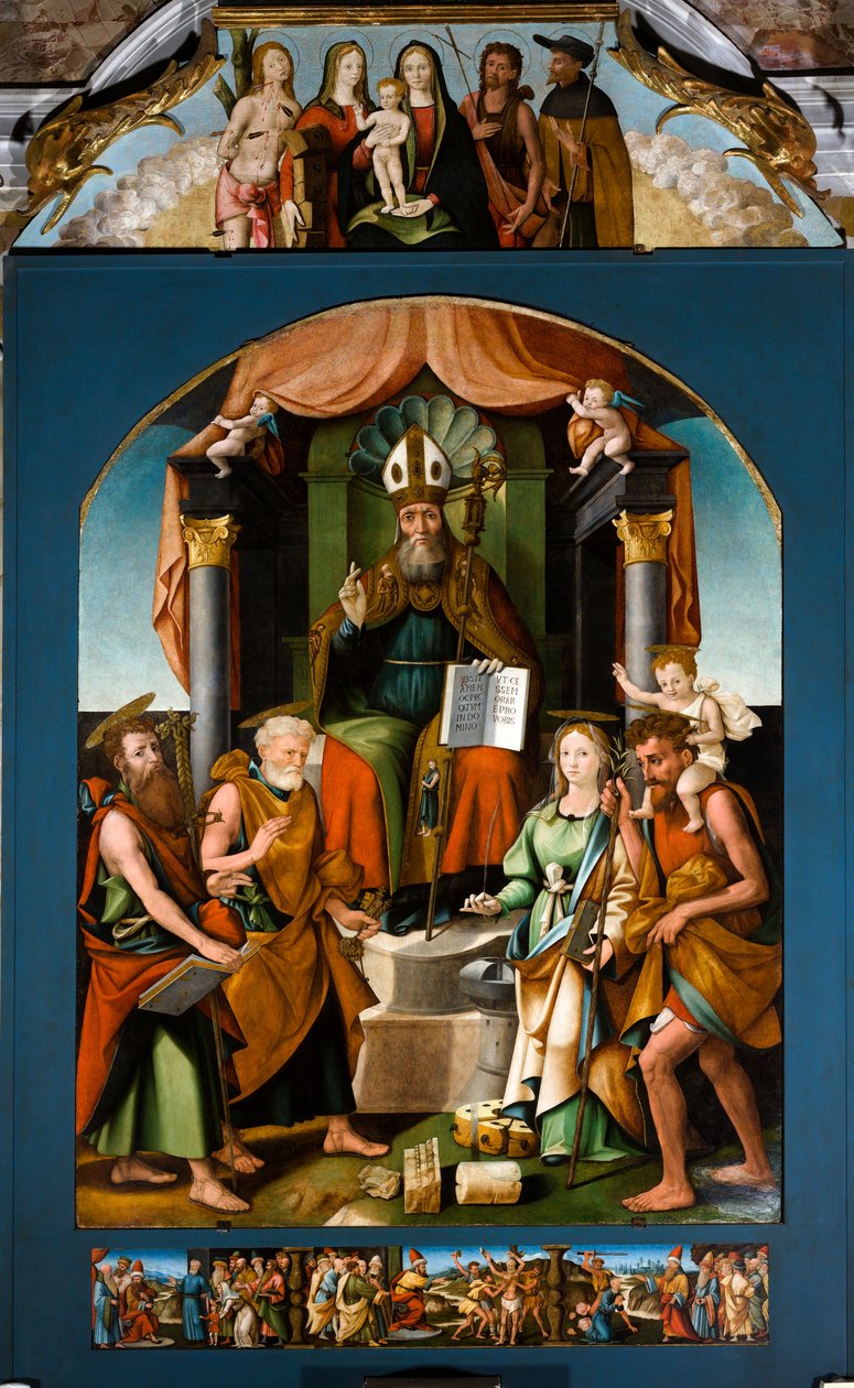 Saint Blaise enthroned between Saints Peter, Paul, Catherine of Alexandria and Christopher, central altarpiece by Raffaele De (fl.1514 1573) Pancalino