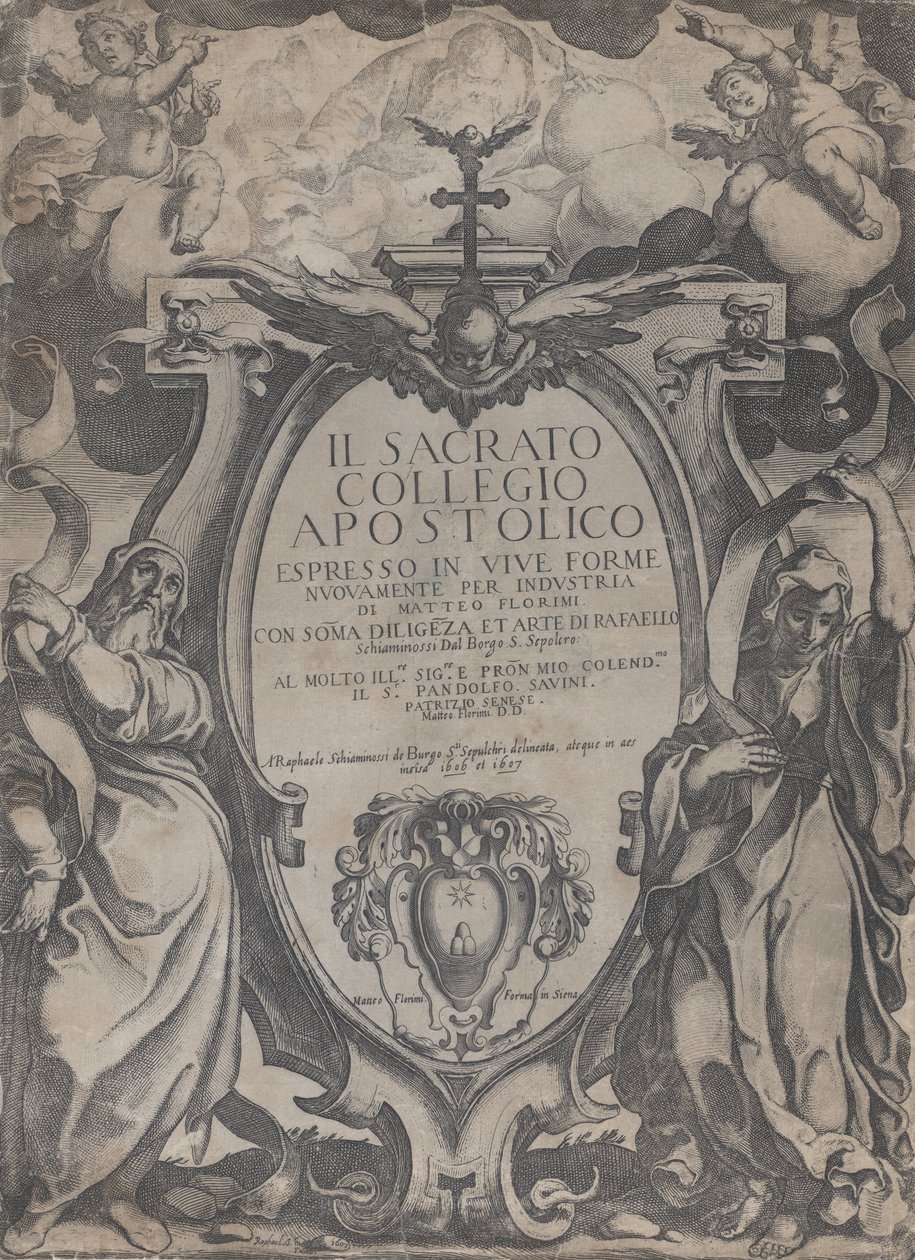 Frontispiece with Two Figures Holding Scrolls and Cherubs Flanking the Cartouche at Center by Raffaello Schiaminossi