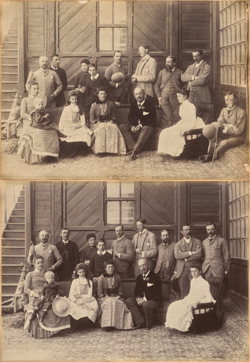 Shimla, 17 May 1887: Viceregal Party. Lord William Beresford, Military Secretary, Captain Leonard Gordon A.D.C., Mademoiselle Clerc, The Honorable Basit Blackwood, Major F.R. Hamilton A.D.C., Mr. Oglivie Grant, Sir Donald Mackenzie Wallace K.C.E., Private by Raja Deen Dayal