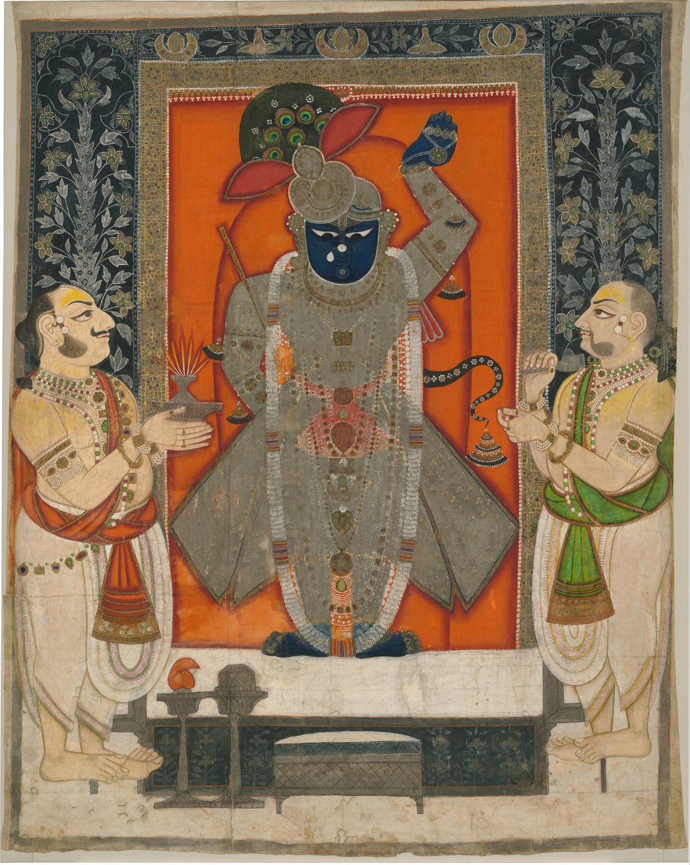 Priests Worshipping Krishna as Shrinathji for Mountain of Food Festival (Annakuta Utsava); Shrine Hanging (Pichhavai) by Rajasthan Kota school