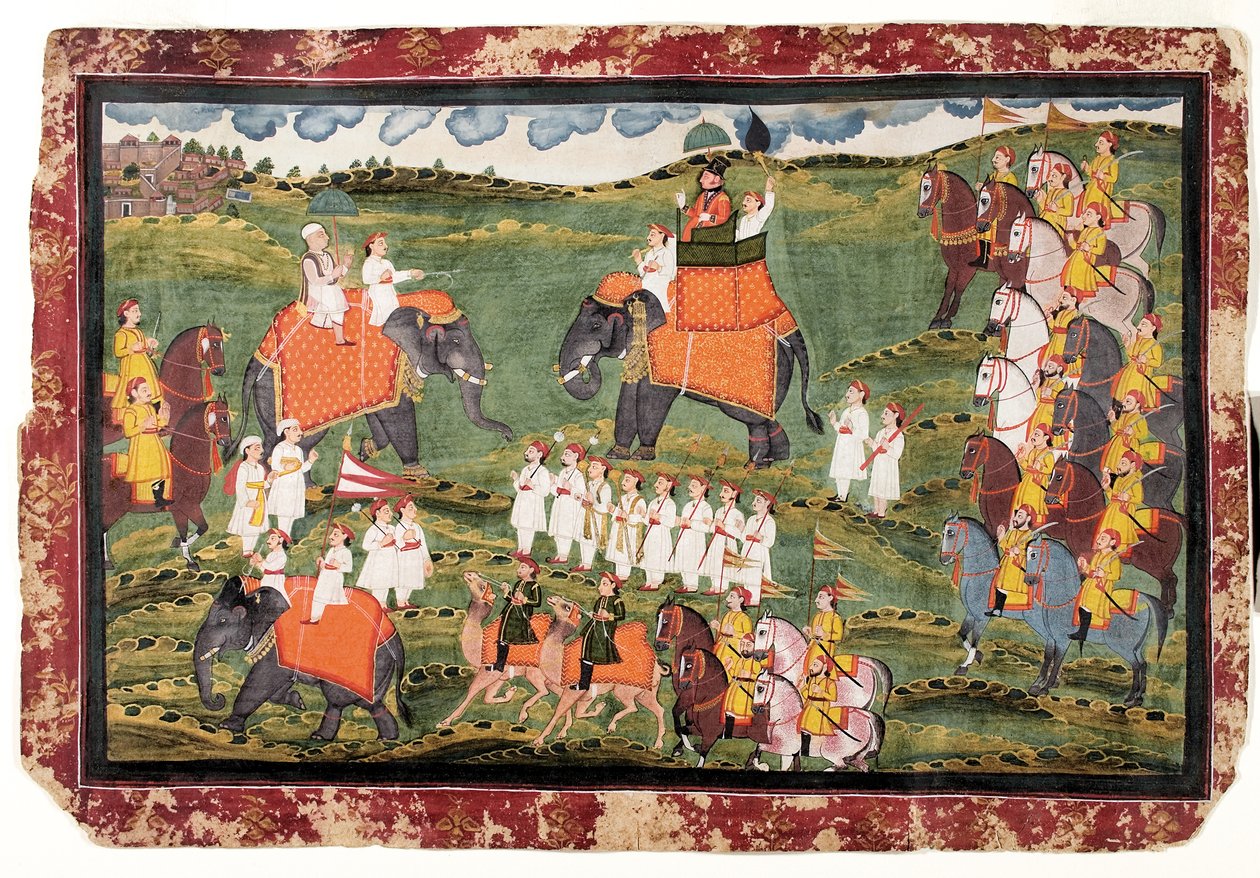 Colonel James Tod and Guru Gyanchandra riding elephants near Udaipur, October 1822 by Rajasthani School