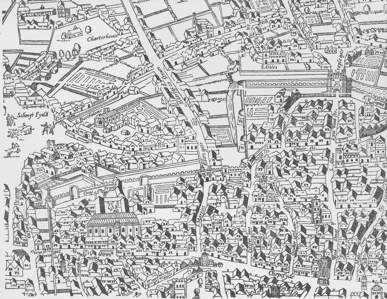 Detail of London Wall East of Smithfield from Civitas Londinium by Ralph Agas