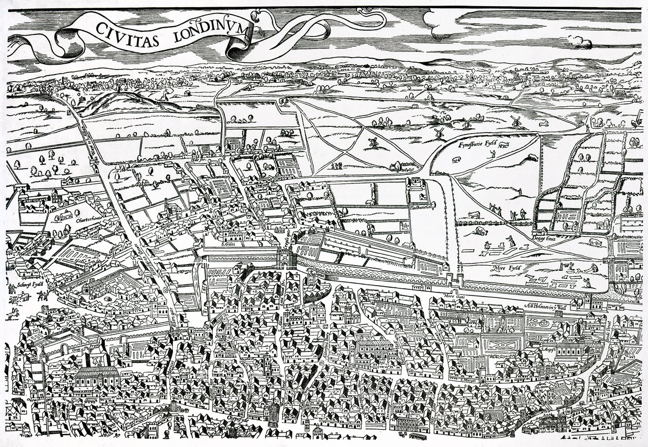 Detail of London North of the city from Civitas Londinium by Ralph Agas