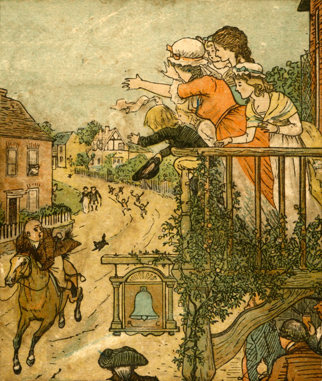 John Gilpin gallops past the Bell Inn as his wife and children wave from the balcony, 1878 by Randolph Caldecott