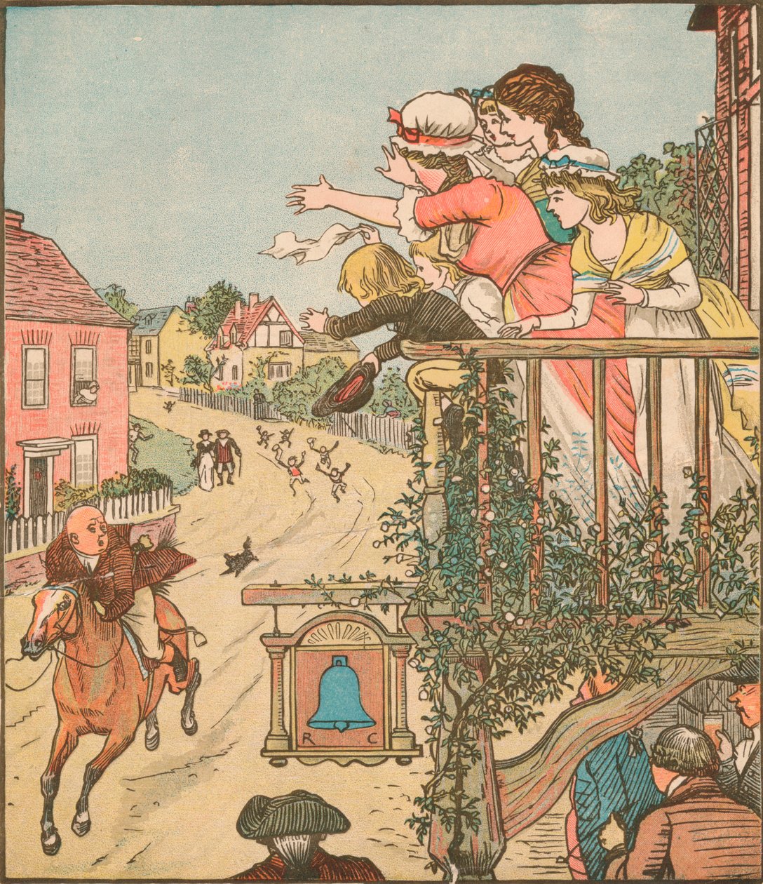 John Gilpin Gallops Past the Bell Inn as His Wife and Children Wave from the Balcony by Randolph Caldecott