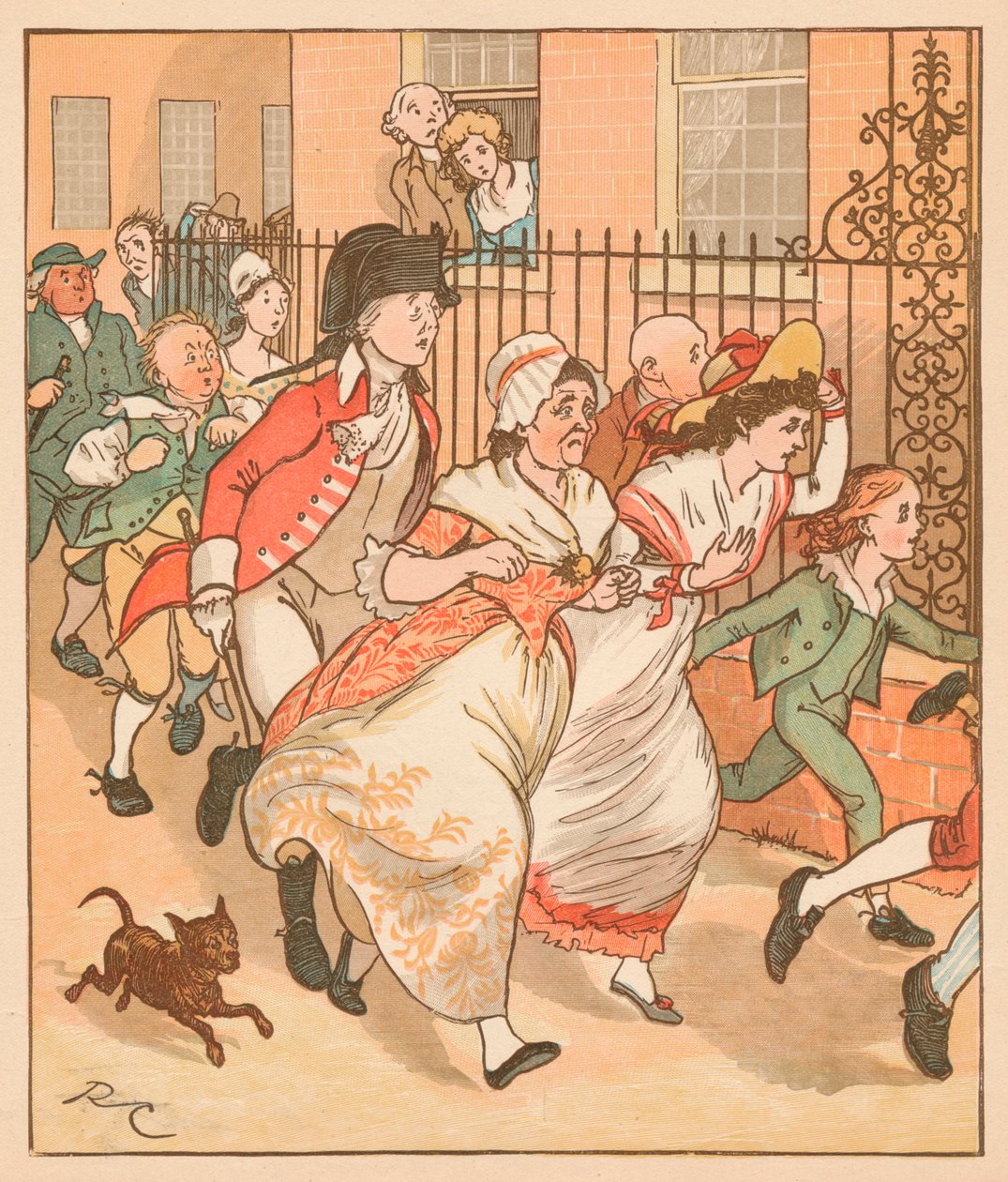Neighbours rushing to help the good man of Islington by Randolph Caldecott