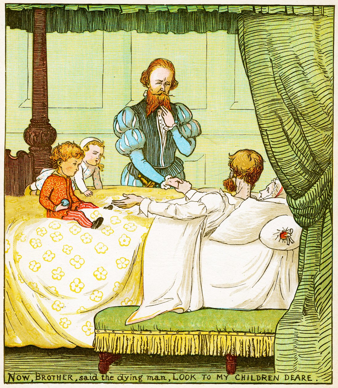 Now, brother, said the dying man, look to my children dear, illustration from Babes in the wood by Randolph Caldecott