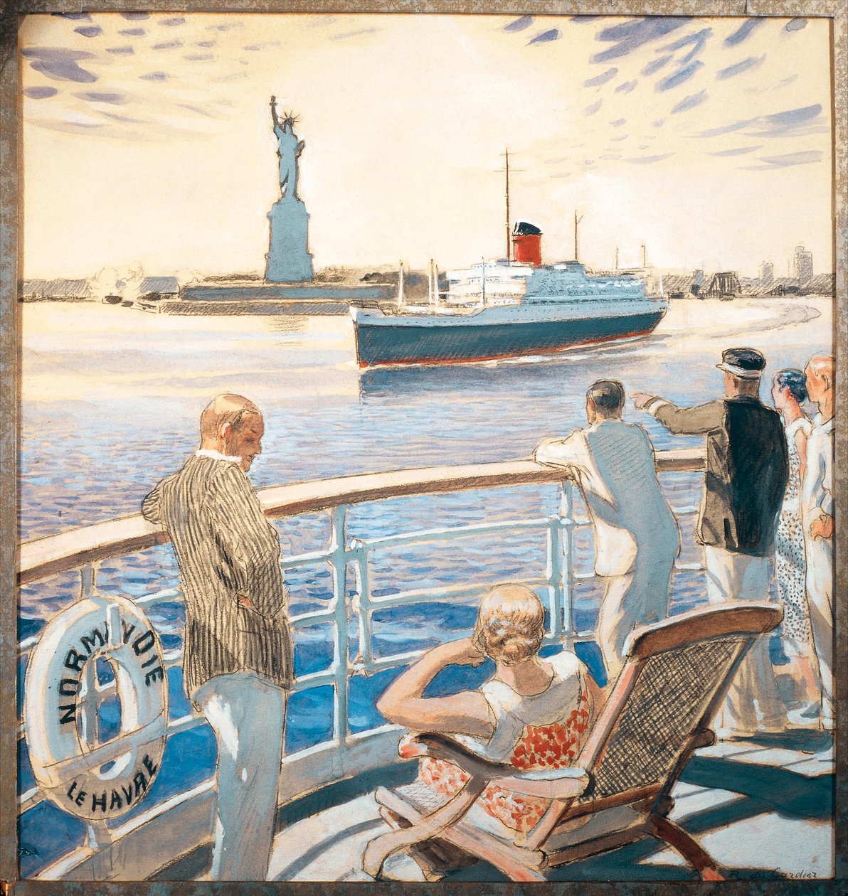 Maiden Voyage of the Steam-Ship Normandie, The Entrance to New York Harbor by Raoul Du Gardier