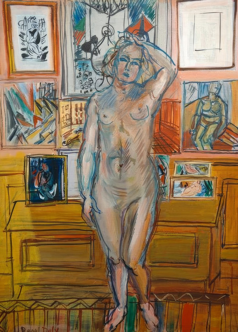 Standing Nude in Front of Paintings by Raoul Dufy