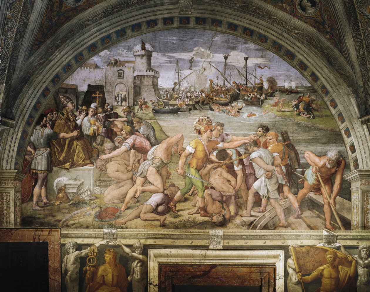 Fanlight, frescoed by Raffaello Sanzio and followers, depicting the battle of Ostia, Stanza dell