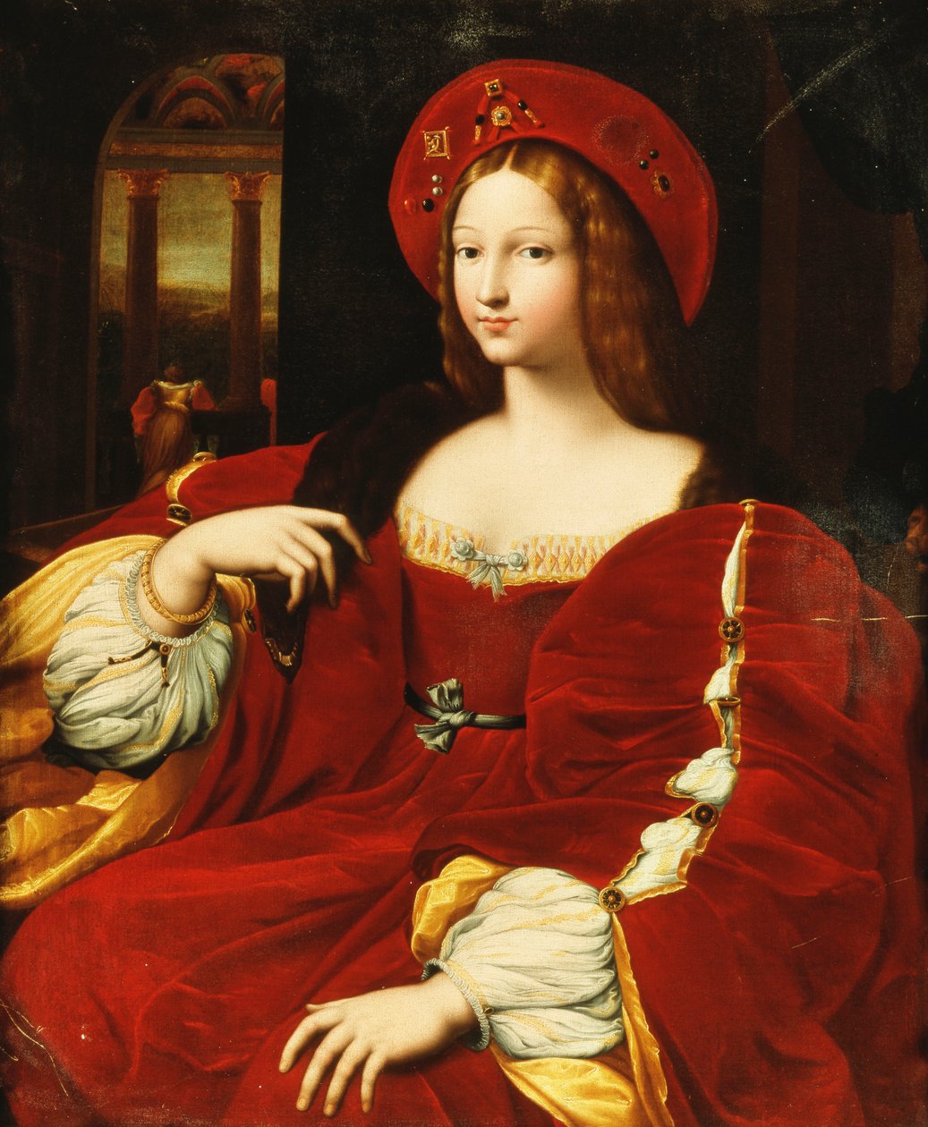 Portrait of Giovanna of Aragon, seated three-quarter length, in her chamber by Raphael
