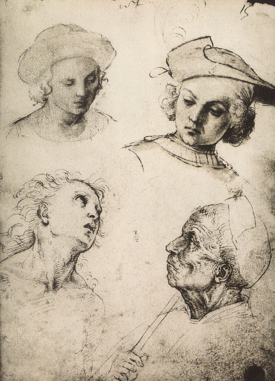 Study of four male faces by Raffaello Sanzio Raphael