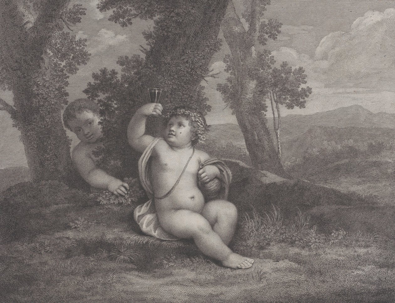 The infant Bacchus seated under a tree, holding up a wine glass, with another infant behind, 1780 by Raphael Morghen