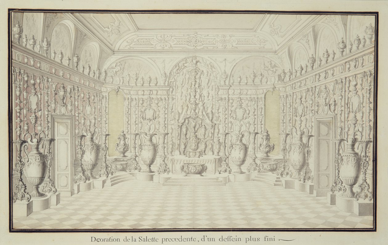 Display Wall with Silver and Gold Vases in the Tower Room of Dresden Palace by Raymond Leplat