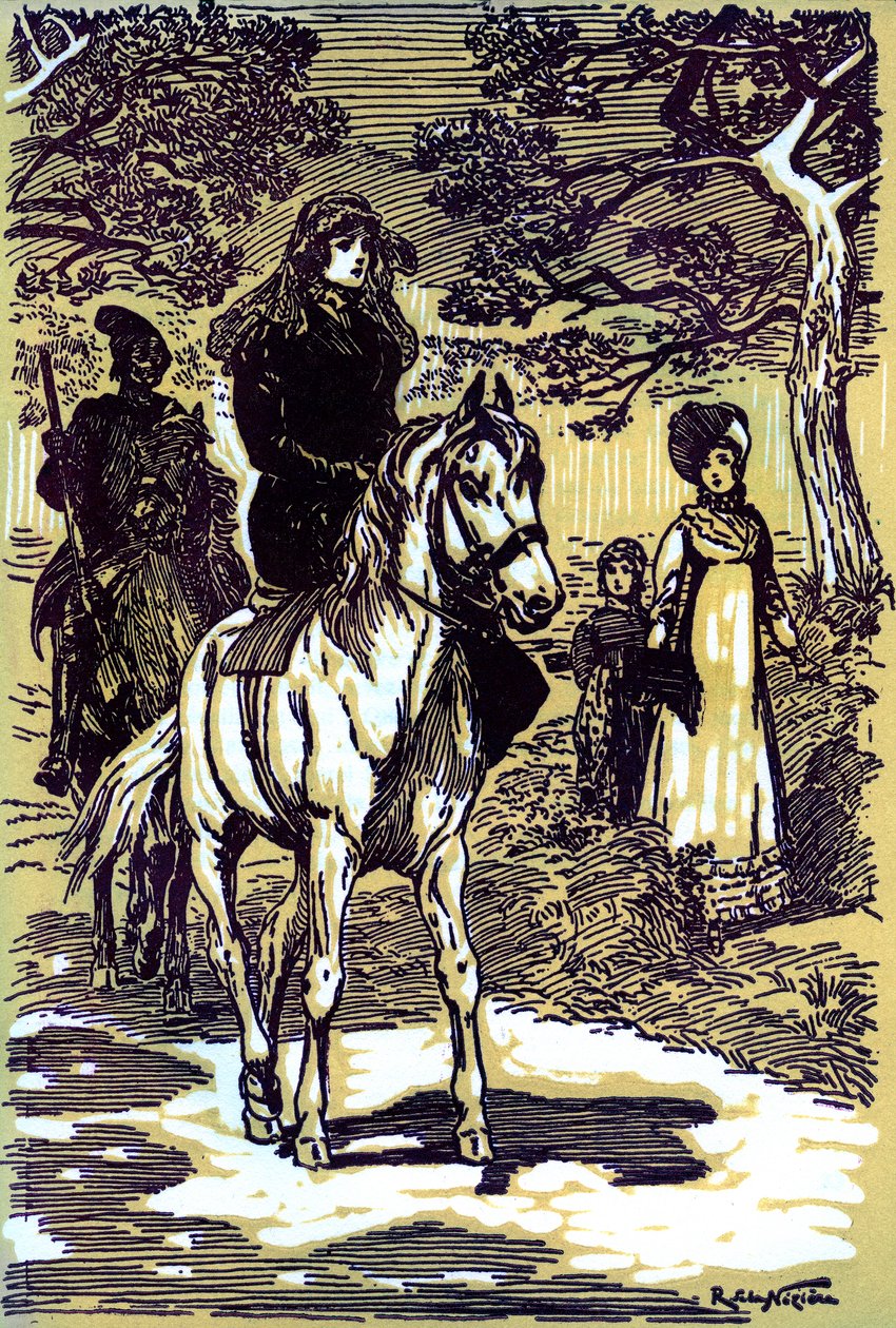 Colomba in Her Mourning Dress, on Horseback, Followed by a Corsican Peasant by Raymond de la Neziere