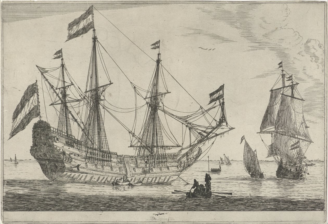 Large Sailing Ship and a Rowboat by Reinier Nooms