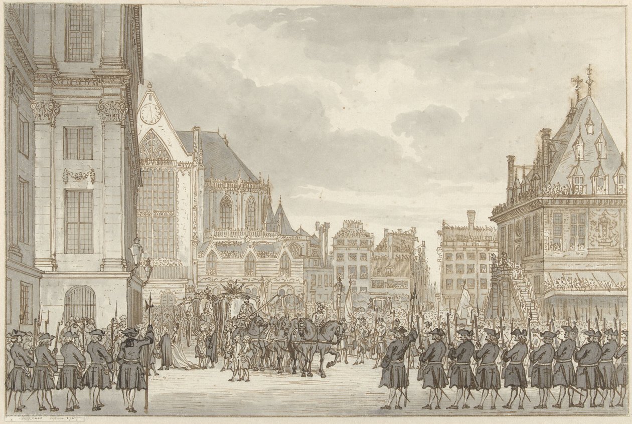 Arrival of Prince William V and Frederica Sophia Wilhelmina of Prussia at the Town Hall on the Dam in Amsterdam, May 30, 1768 by Reinier Vinkeles (I)
