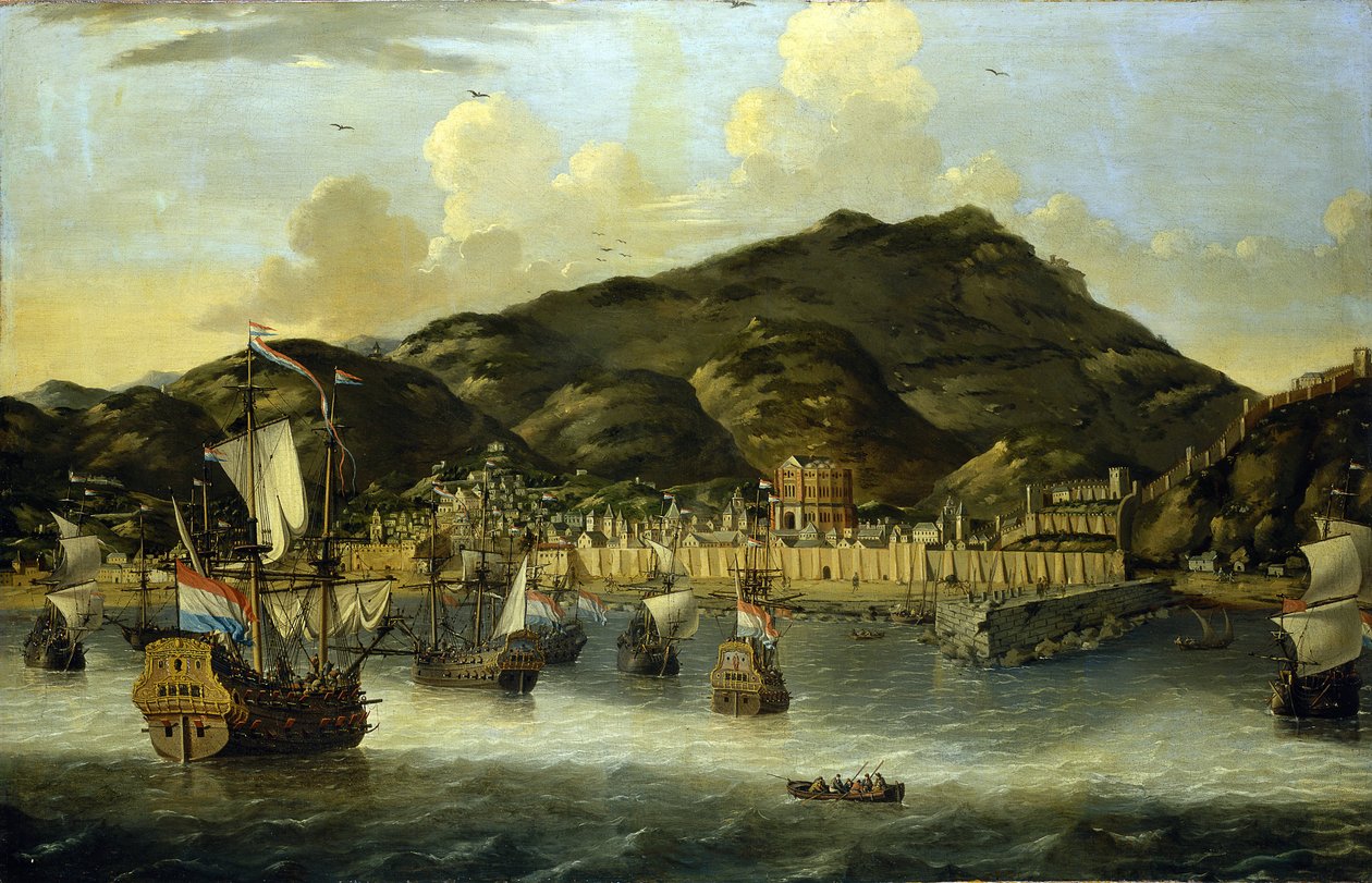 Dutch ships off the coast of Tripoli, with the fortified walls of the port and the city by Reinier Zeeman
