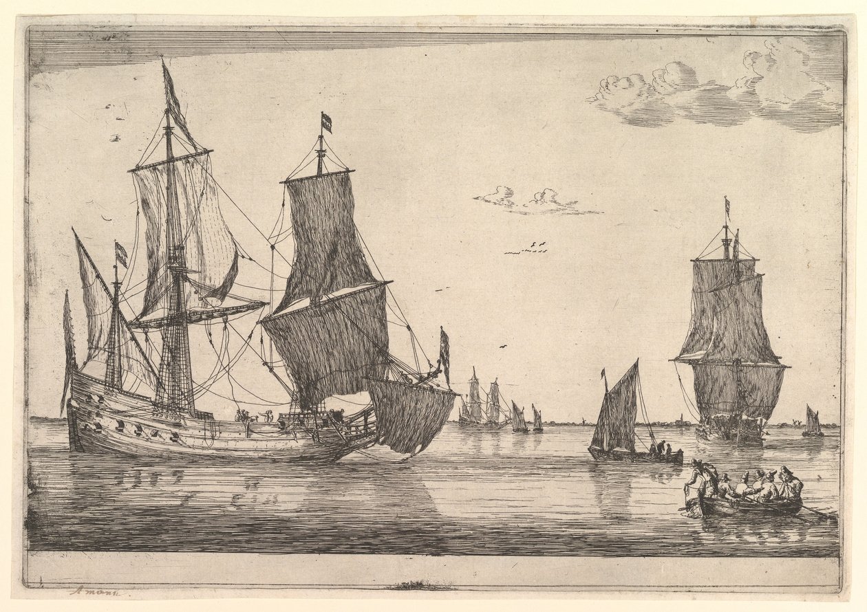 Large Sailing Vessel and Rowing Boat, 17th century by Reinier Zeeman