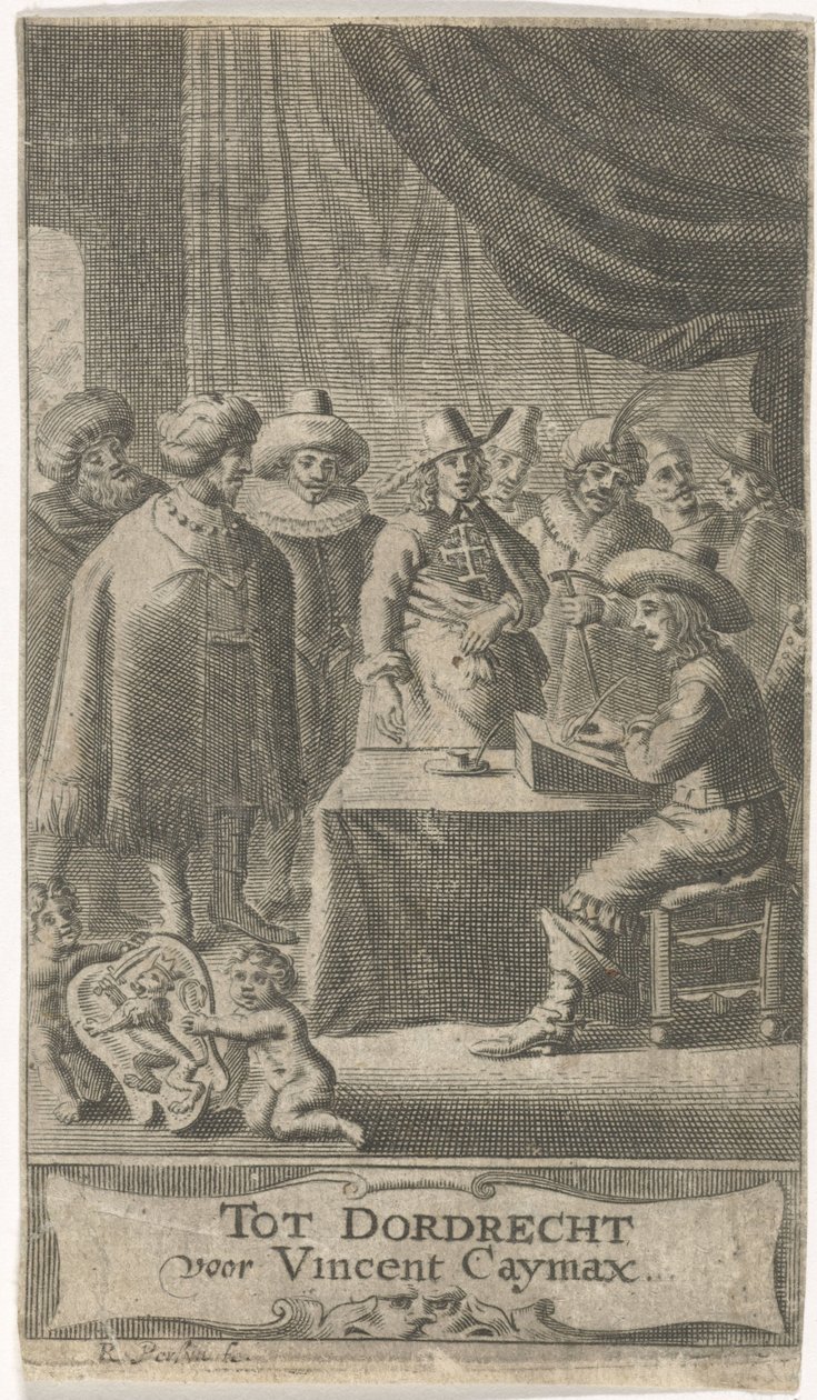 Merchant at Writing Desk (Title Page for: J. van der Does et al., Various Voyages, or Travels, 1652) by Reinier van Persijn