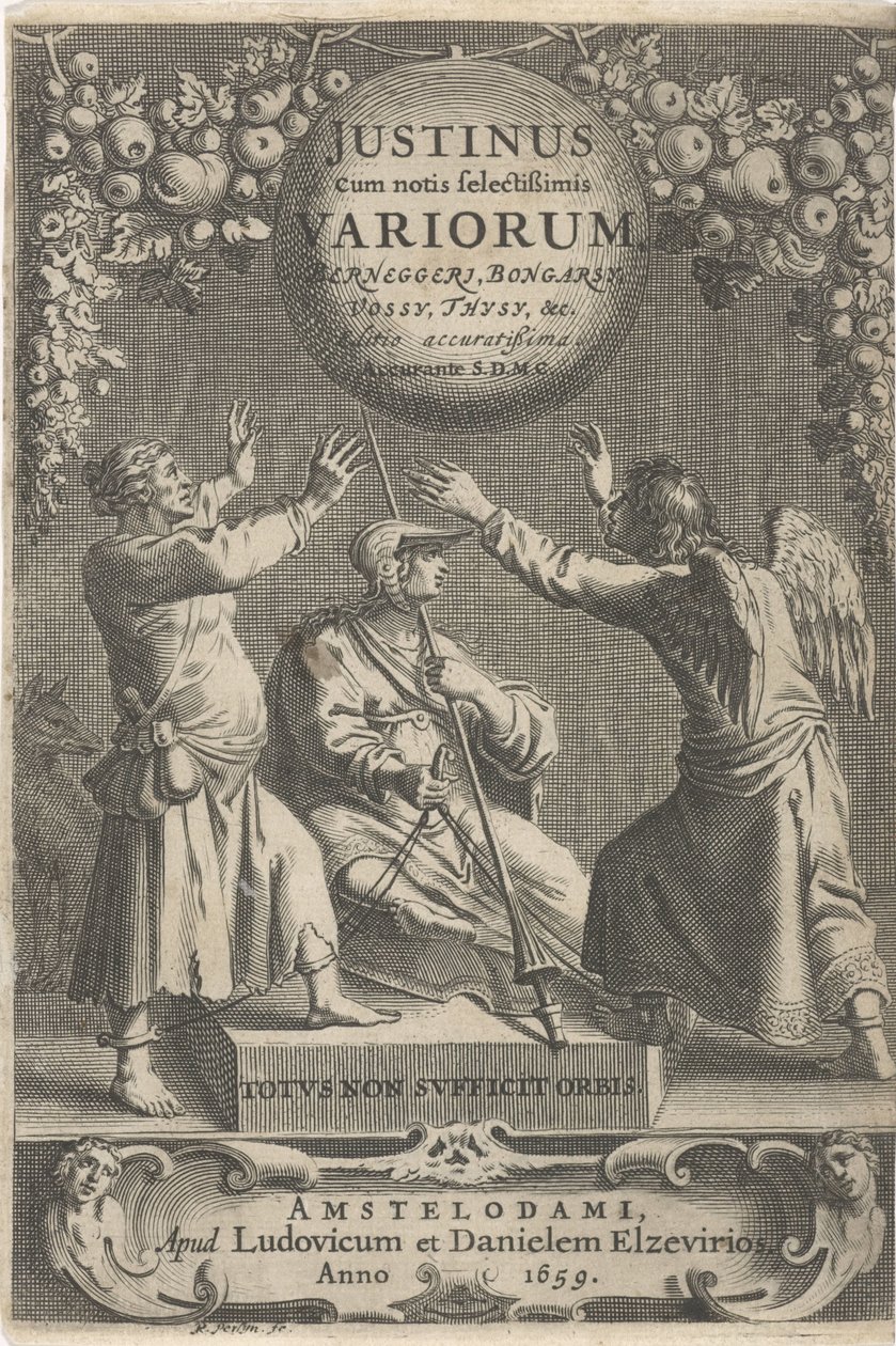 Minerva and Two Chained Figures (Title Page for: A. Thysius, Justinus cum notis selectissimis variorum Berneggerj, Bongarsy, Vossy, Thysy, &c, 1659) by Reinier van Persijn