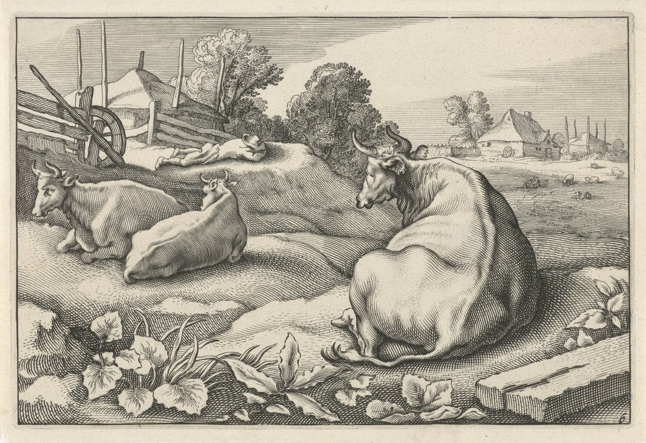Meadow with Three Lying Cows (Diversa Animalia Quadrupedia) by Reinier van Persijn