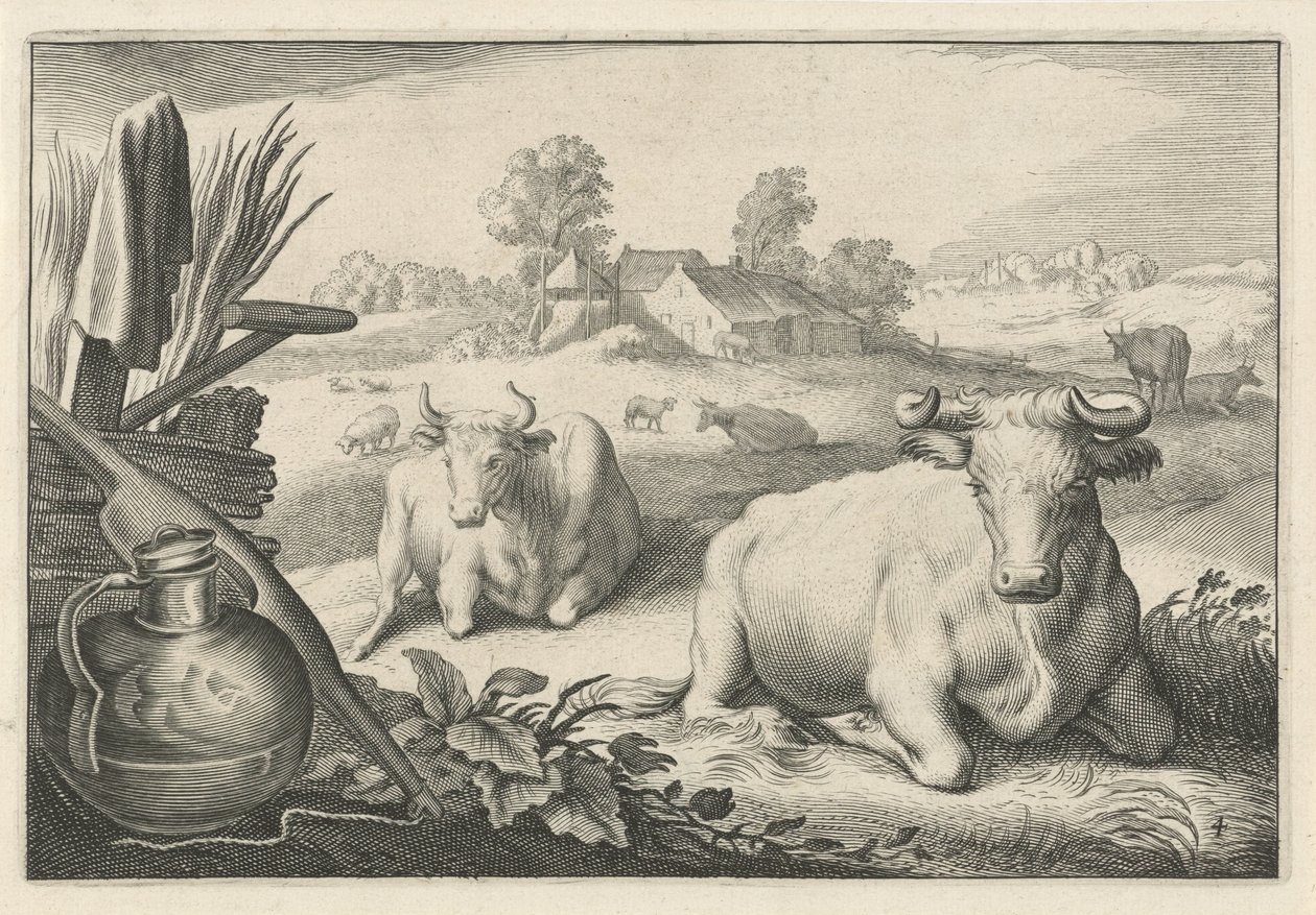 Meadow with Two Lying Cows (Diversa Animalia Quadrupedia) (series title) by Reinier van Persijn