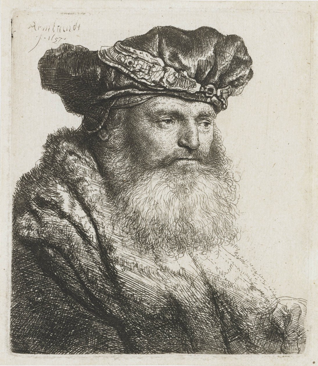 Bearded man in a velvet beret with a jewelled clasp by Rembrandt van Rijn