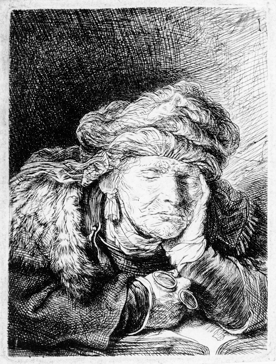 An Old Woman Sleeping (etched by Francesco Novelli) by Rembrandt van Rijn