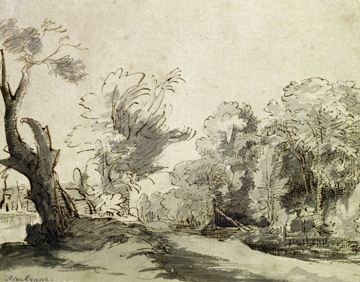 Landscape with a path, an almost dead tree on the left and a footbridge leading to a farm on the right by Rembrandt van Rijn