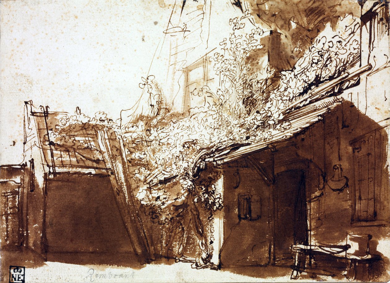 Farmhouse in Light and Shadow by Rembrandt Harmensz. van Rijn
