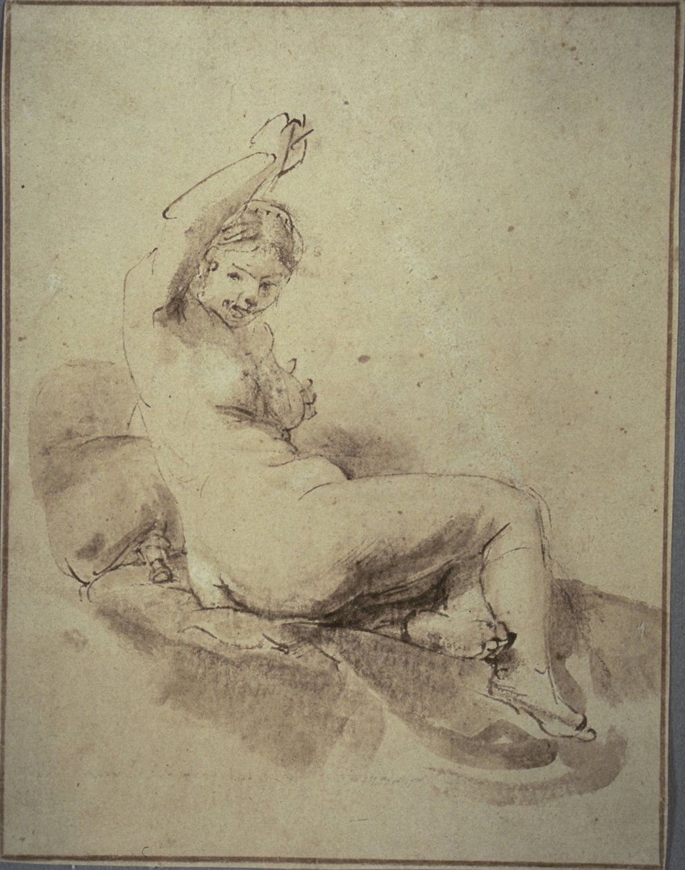 Female Nude Reclining with Arm Raised by Rembrandt Harmensz. van Rijn