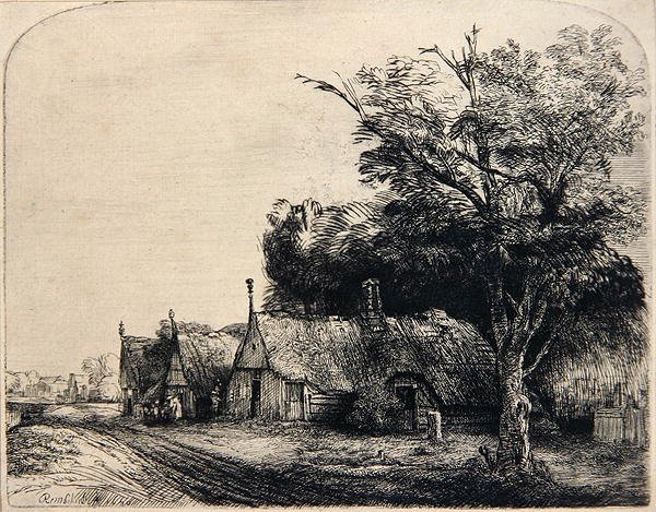 Landscape with Three Huts by Rembrandt Harmensz. van Rijn