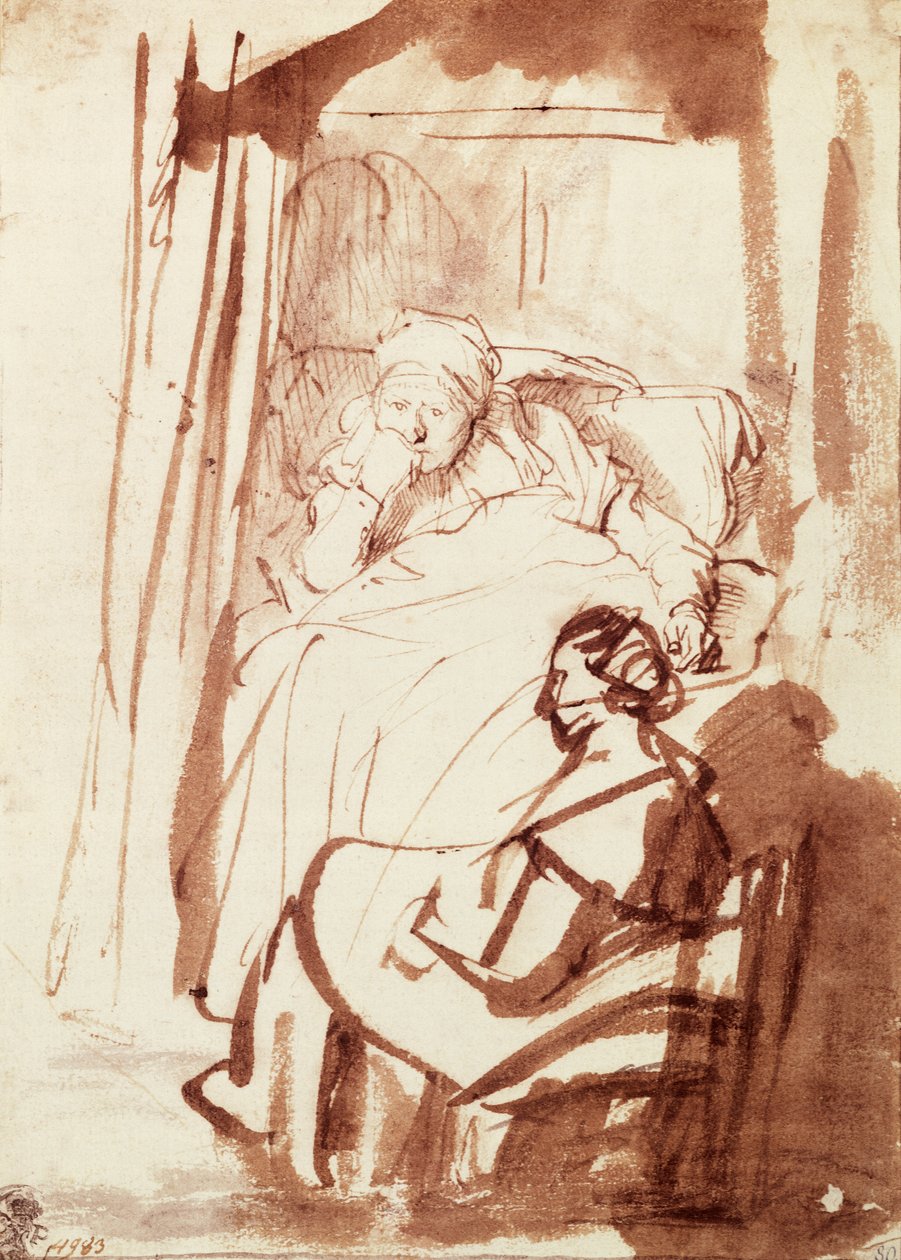 Saskia Lying in Bed, a Woman Sitting at Her Feet by Rembrandt Harmensz. van Rijn