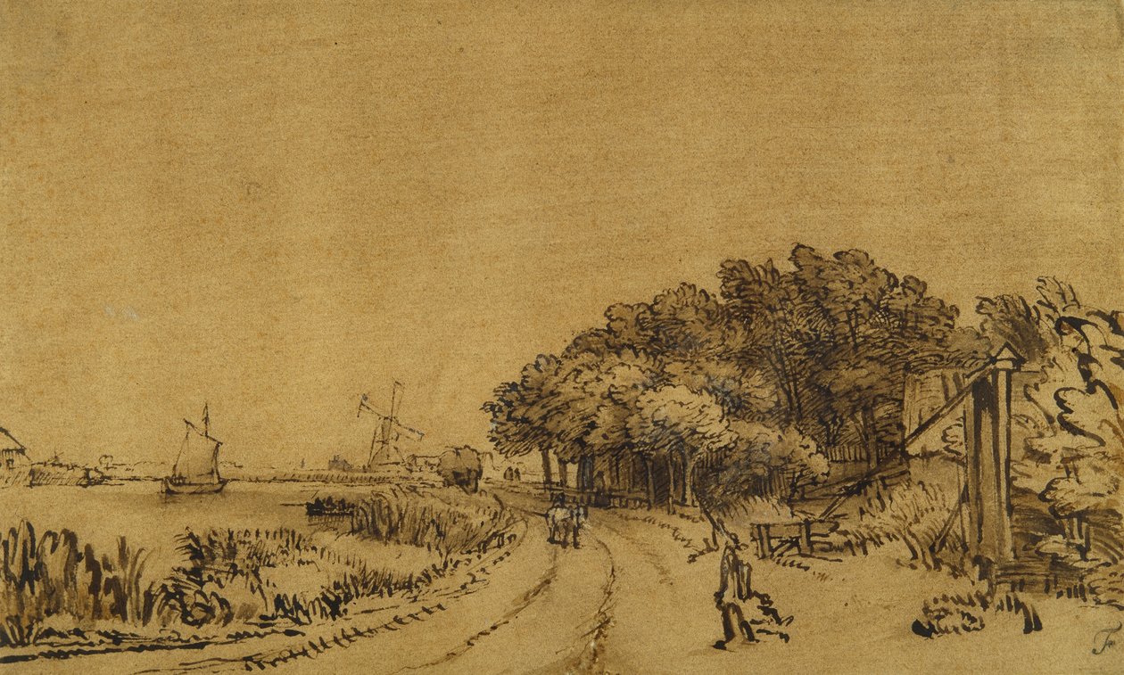View on the Amstel: the road on the Amsteldijk leading to Trompenburg, c.1649-50 by Rembrandt Harmensz. van Rijn