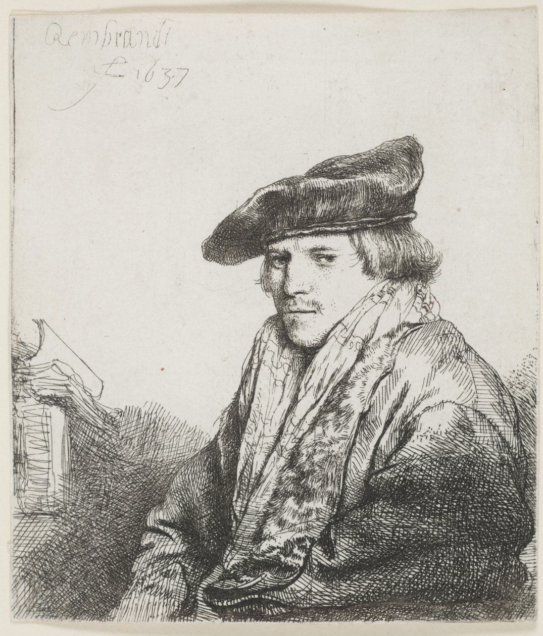 Young Man in a Velvet Cap with Books Beside Him by Rembrandt van Rijn