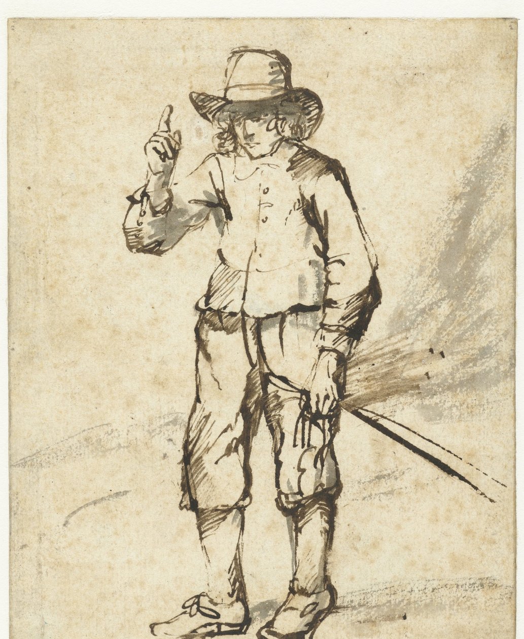 Standing Boy Holding a Whip and Raising his Right Hand by Rembrandt van Rijn (school of)