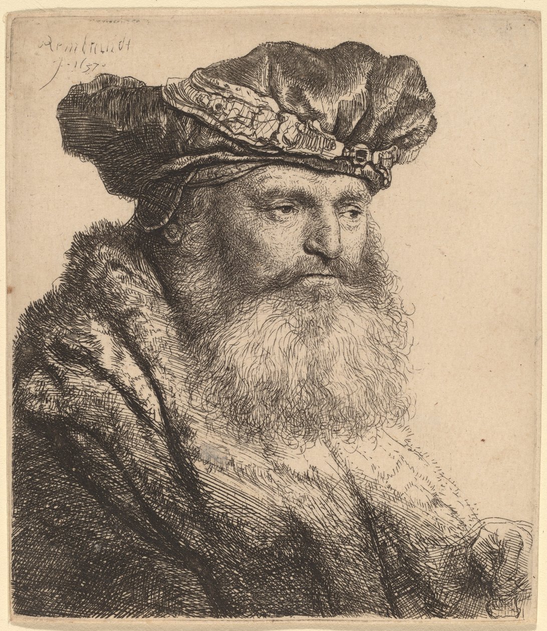 Bearded Man in a Velvet Cap with a Jewel Clasp by Rembrandt van Rijn