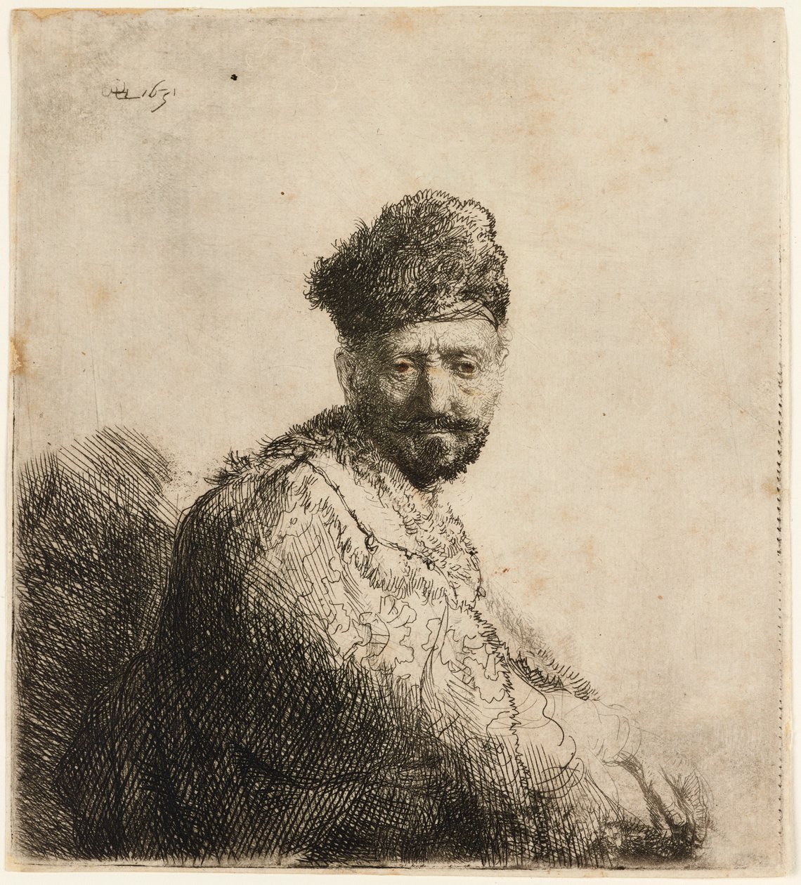 Bearded man in furred oriental cap: the artist