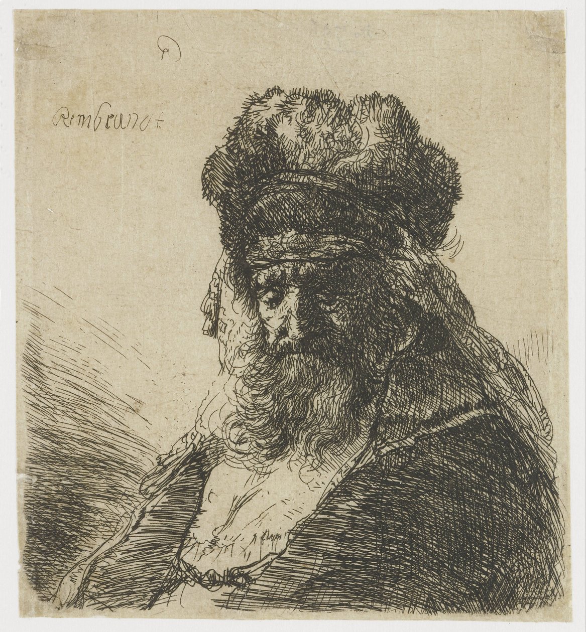 Bearded Old Man in a High Fur Cap, with Eyes Closed by Rembrandt van Rijn
