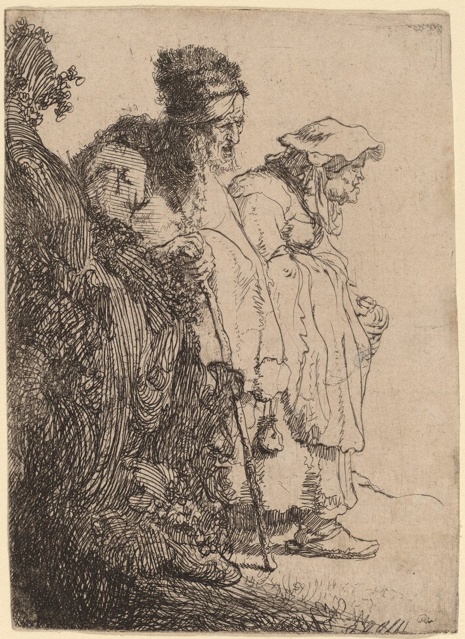 Beggar Man and Woman Behind a Bank by Rembrandt van Rijn