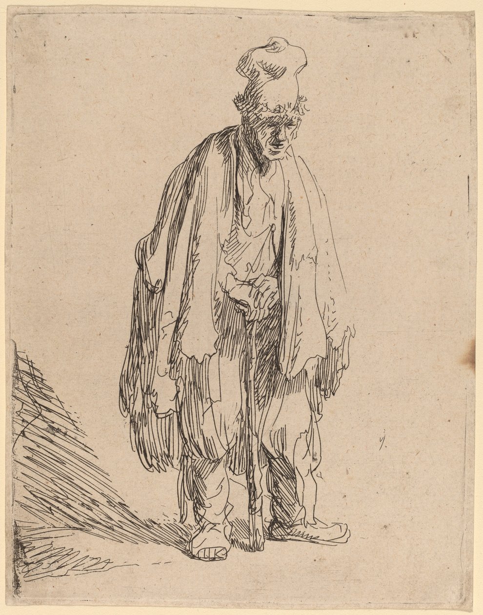 Beggar in a High Cap, Standing and Leaning on a Stick by Rembrandt van Rijn